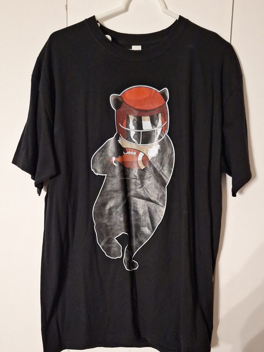 Black Graphic Tee with Red Helmet Bear Illustration